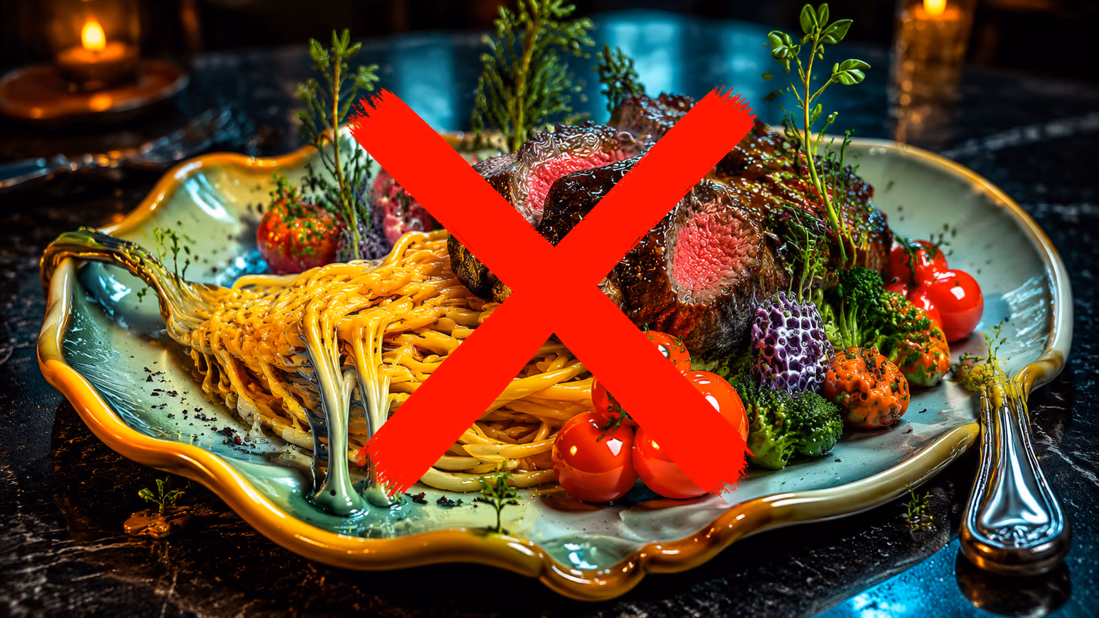 AI generated food image crossed out in red: a dish that never existed, unsuitable for a real restaurant menu