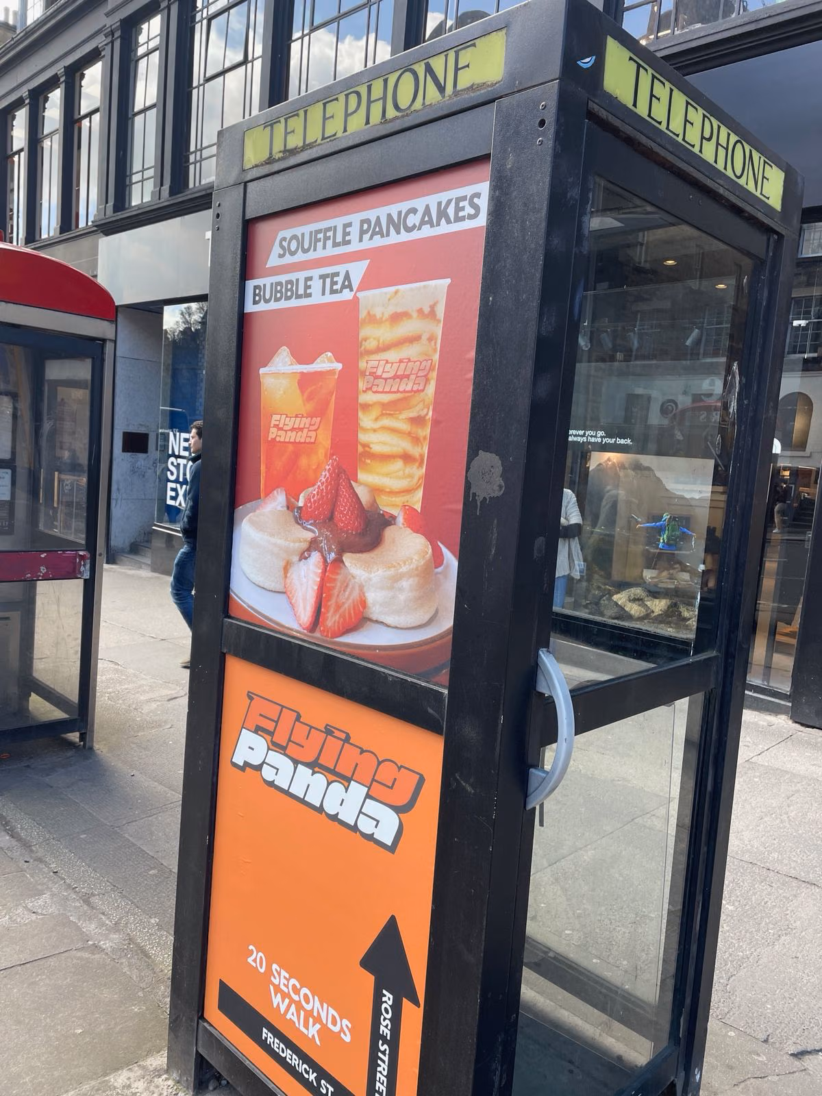 The Flying Panda poster being built on screen: soufflé pancakes and two bubble teas cut out on a red background, design by Gorka Di Capitan
