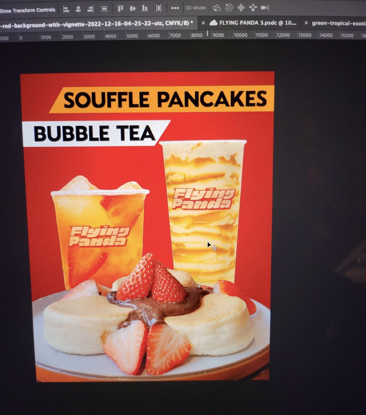 Flying Panda poster with soufflé pancakes and bubble tea on a phone box in Edinburgh's New Town, photography and design by Gorka Di Capitan