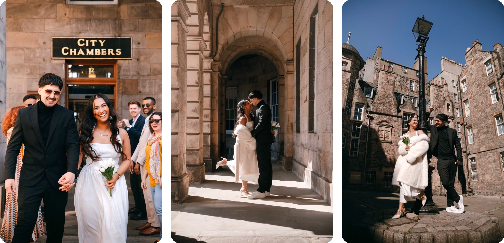 Three moments from my own wedding at Edinburgh's City Chambers, photographed by Vasileios Vasakos