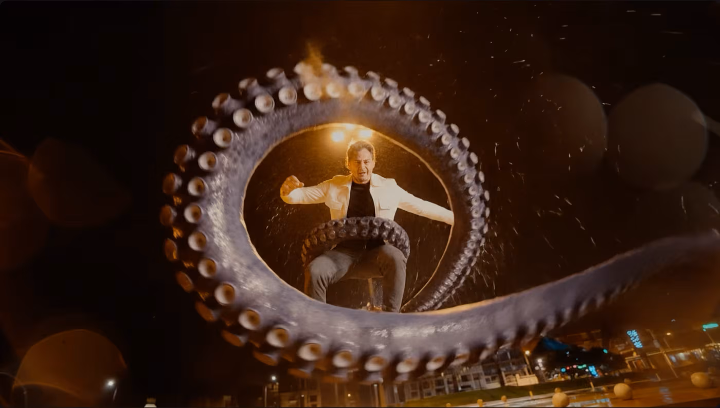 El Killo lit inside the tentacles of a giant CGI octopus in the Geriatrico music video, produced by Gorka Di Capitan
