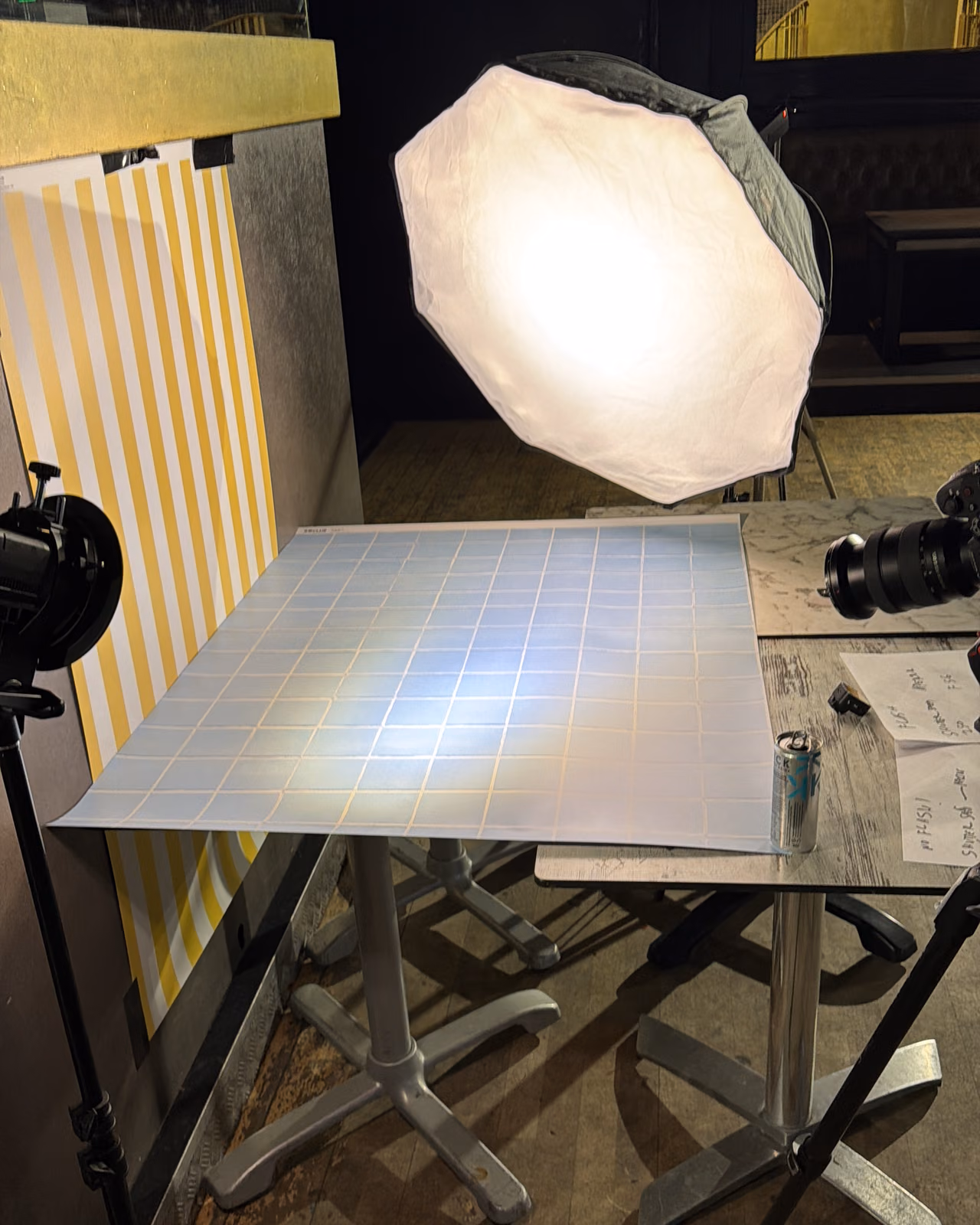 Behind the scenes at an Edinburgh bar: octagonal softbox lighting a tiled tabletop for a drinks shoot by Gorka Di Capitan