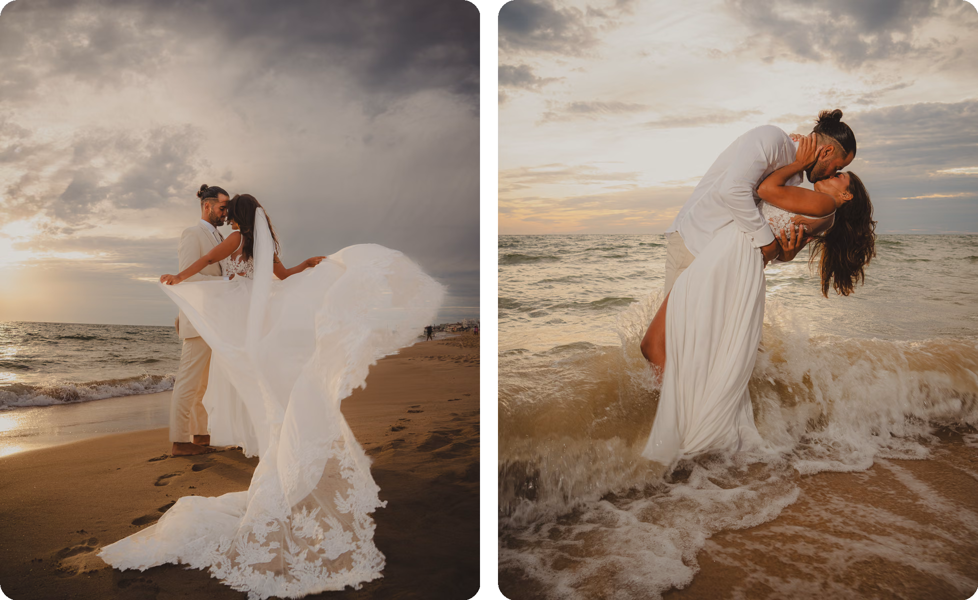 Two frames from Rocío and Sergio's wedding: the veil caught by the wind at the shoreline, and a dip kiss in the waves at sunset