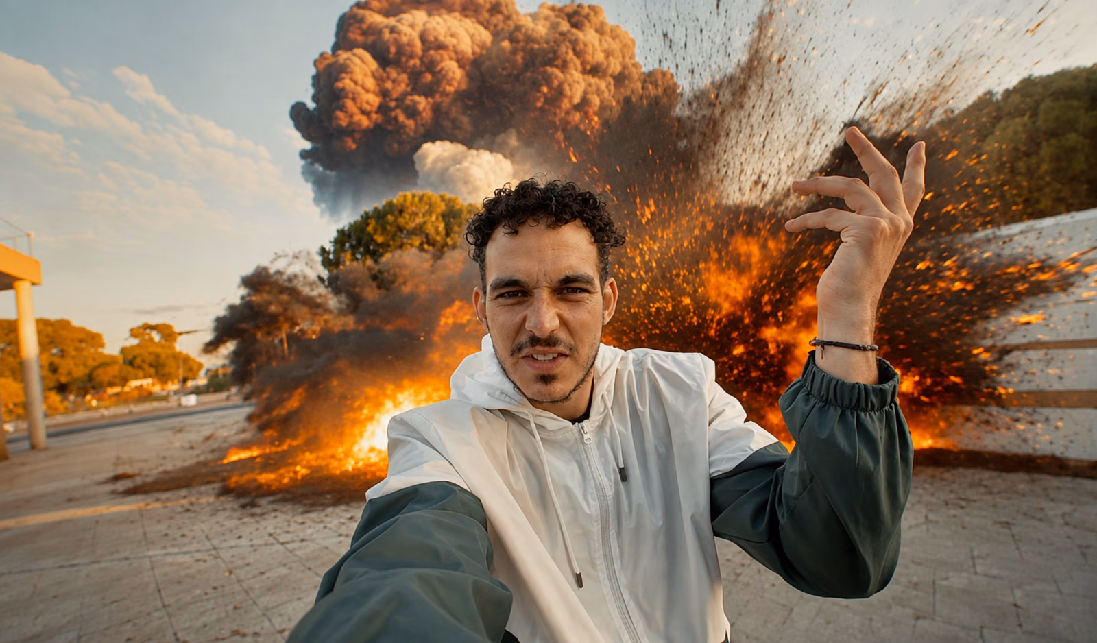 El Killo filming himself to camera as a visual-effects explosion goes off behind him, from a Gorka Di Capitan music video