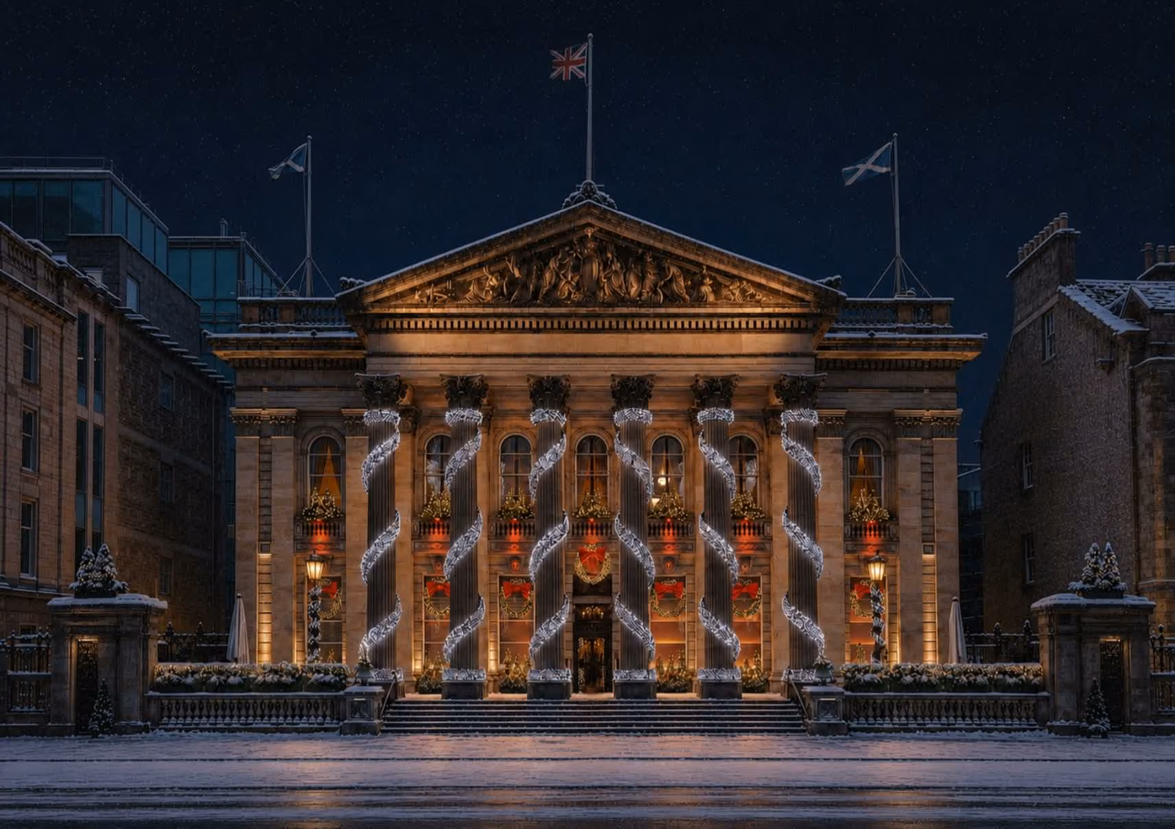 The Dome Edinburgh georgian facade lit with cascading Christmas lights on a snowy night